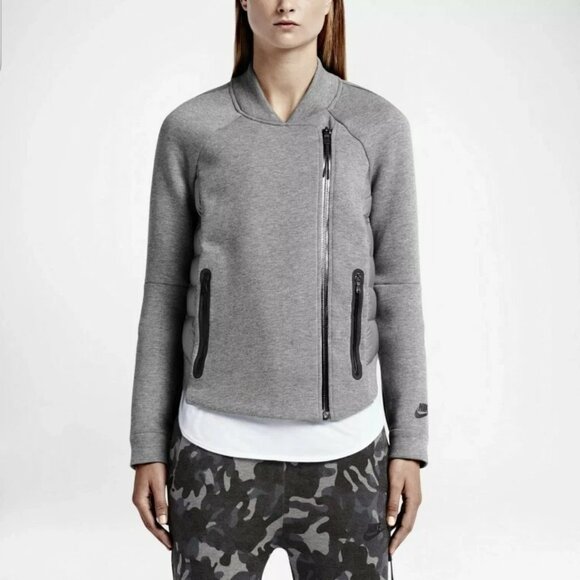 Nike Women's Grey Black Tech Fleece Aeroloft Moto Puffer Jacket Size S - Picture 1 of 16